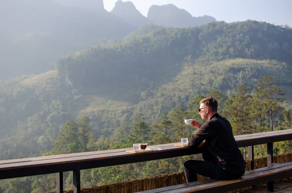 Doi Luang, Chris drinking coffee. 