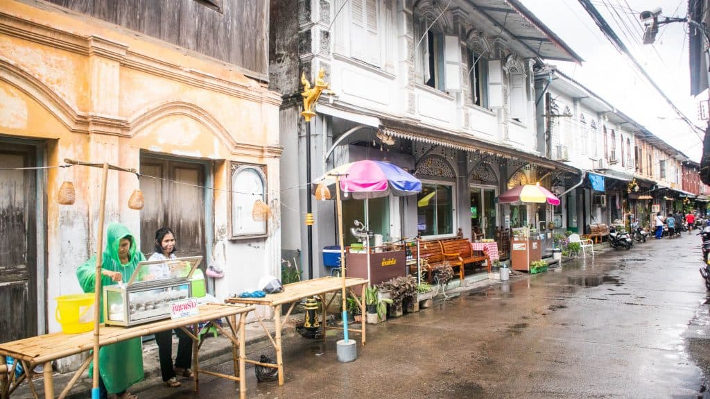 street sellers in chanthaburi in the rain 