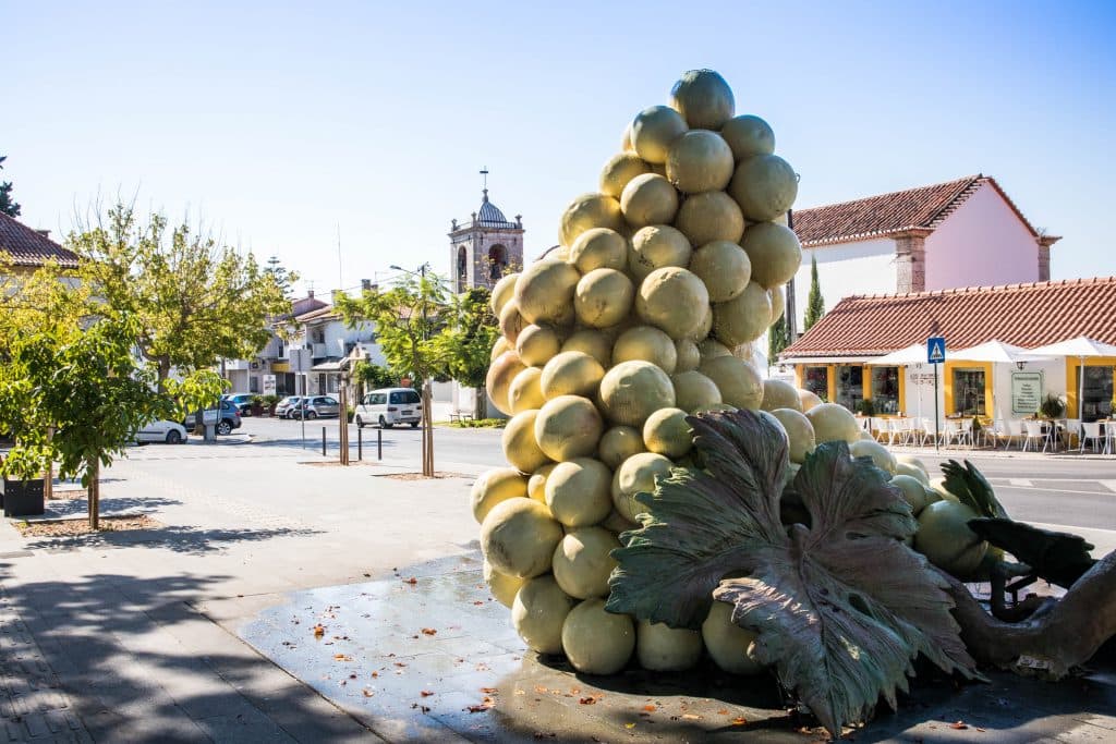 big grape shaped fountain in azeitao. There are houses and a church in the background.