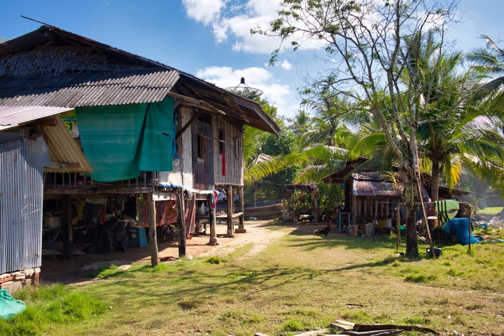 a thai house made of wood and bamboo standing among palm trees on koh klang, thailand. 