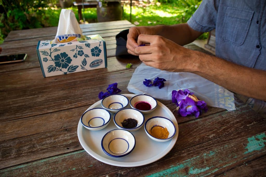hands holding peaflower next to a small set of bowls with natural colours. 