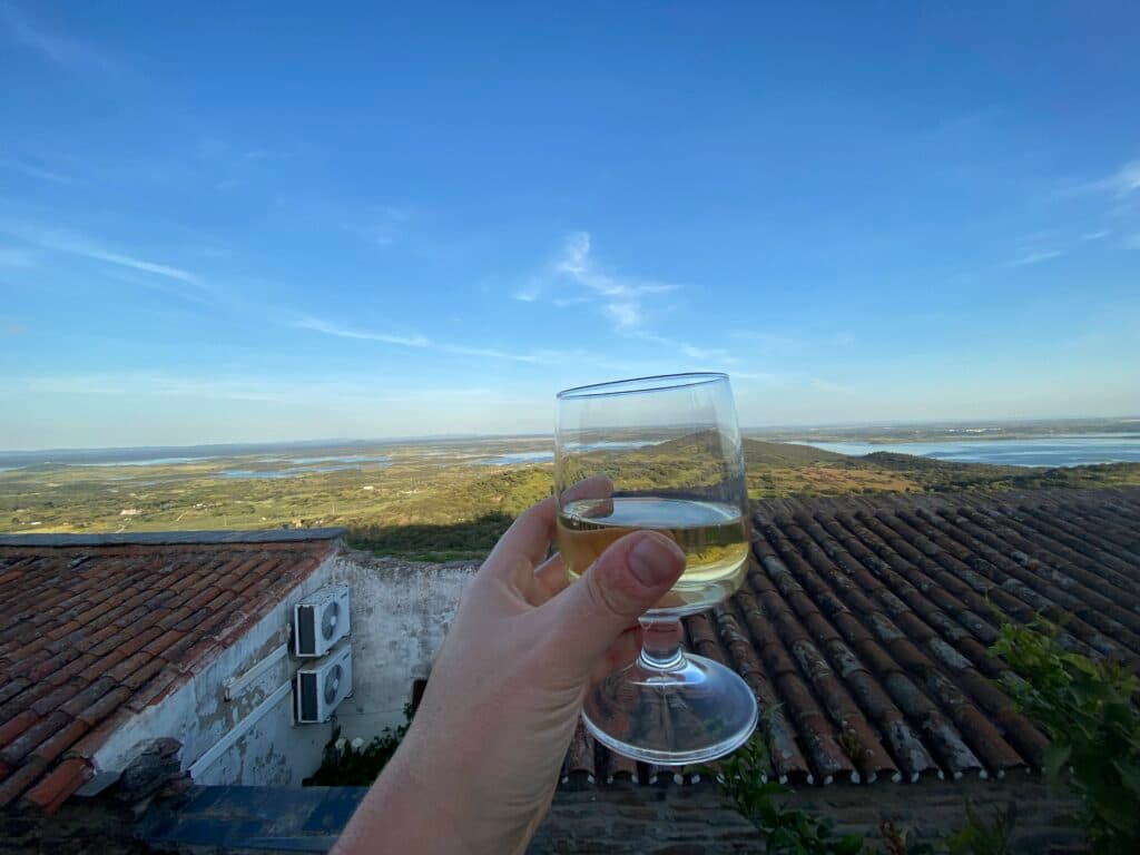 Kieliszek wina na tle łąk i jeziora w Alentejo.