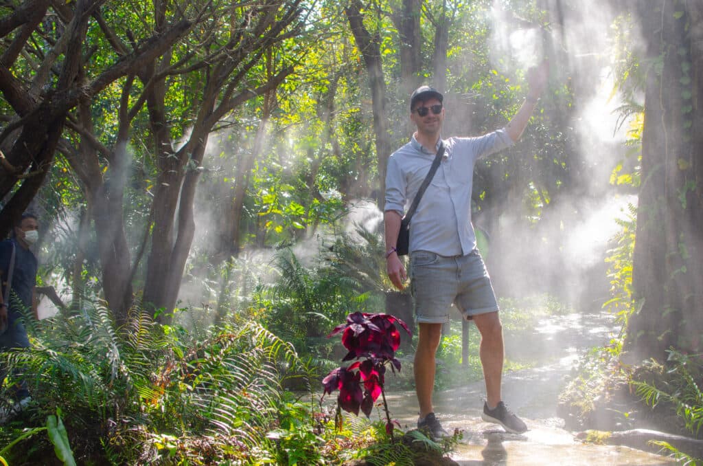 A walkway at Dantewada Land of Angles with mist. 