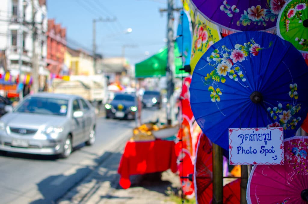 Umbrellas hanging in a shop in Bo Sang, near Chiang Mai. 