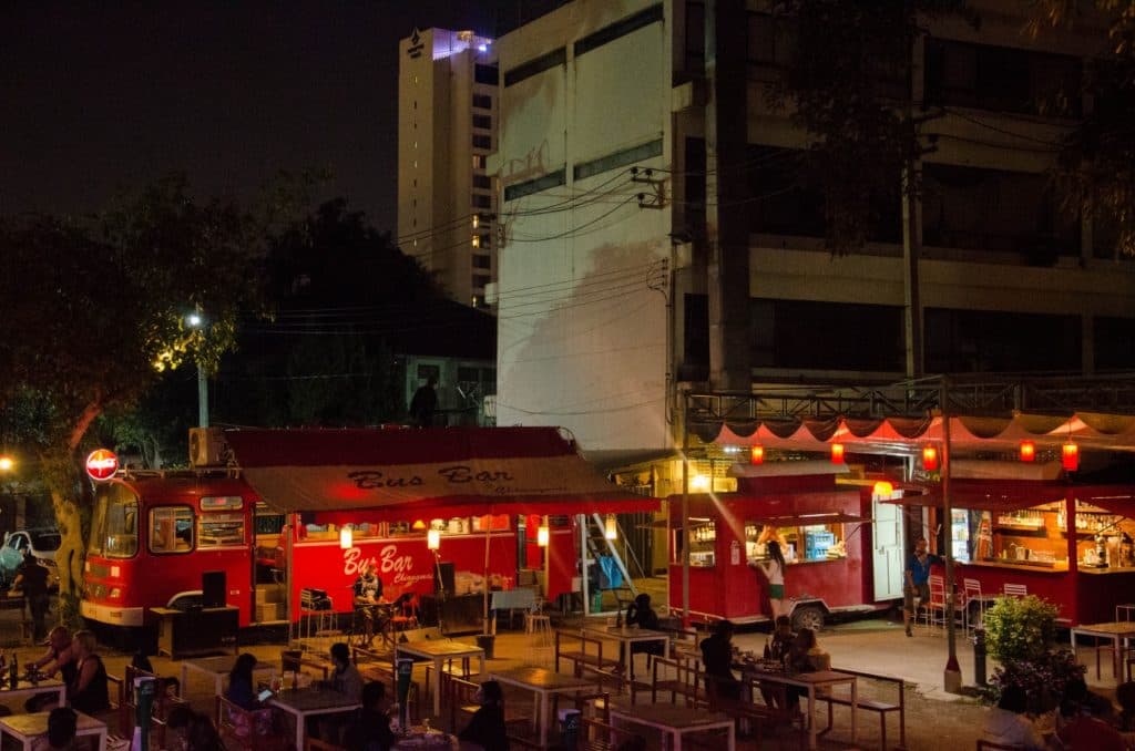 Drinks are served from converted trailers at Bus Bar Chiang Mai 