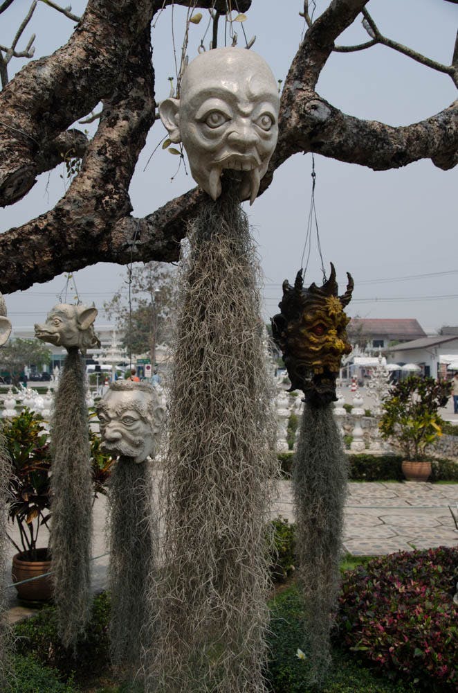 a head mask hanging from a tree at the white temple in chiang rai
