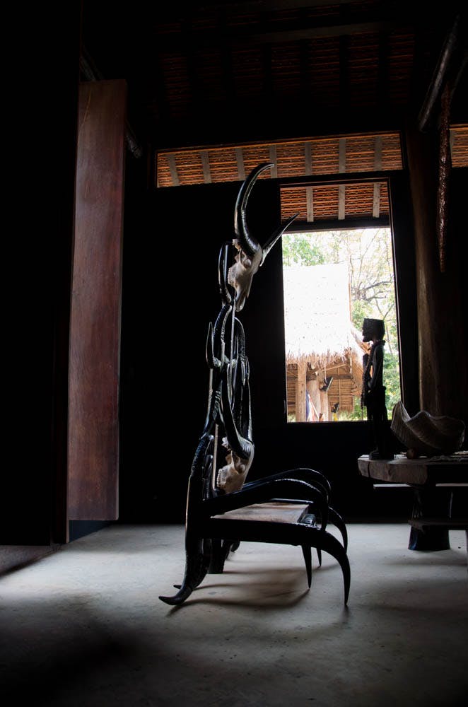 a chair made out of bones at the black house, chiang rai