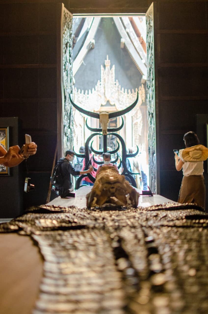 A table with crocodile skin and chair made out of bones in thailand.