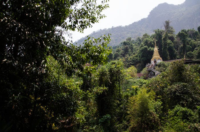 a golden stupa in a forest in chiang dao mountains, thailand 