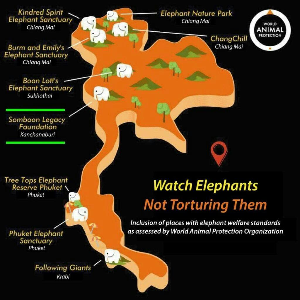 Mapa etycznych sanktuariów dla słoni w Tajlandii