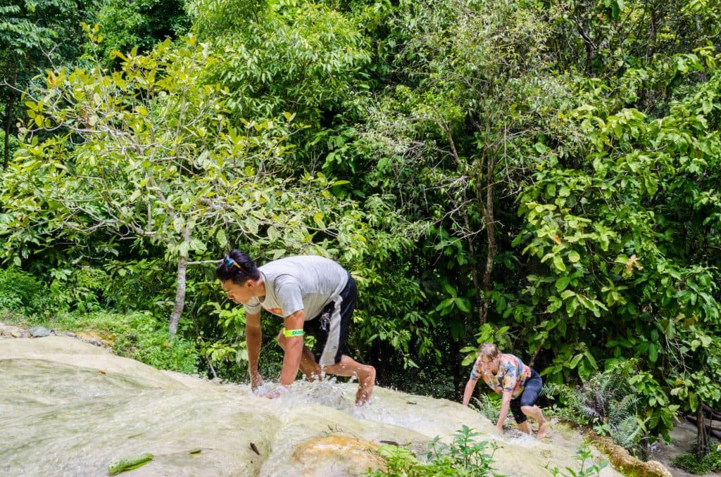 People climbing on sticky waterfall
