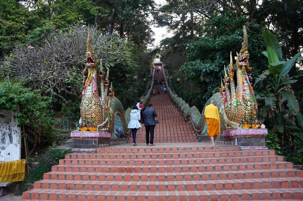stairs to Doi Suthep, monk walking up the stairs, Chiang Mai