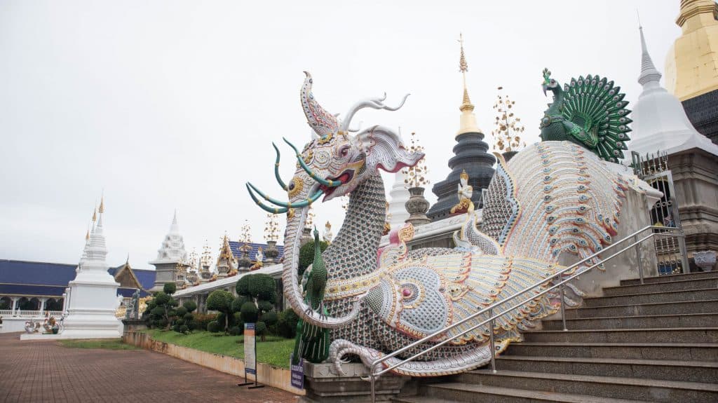 a dragon sculpture in blue temple
