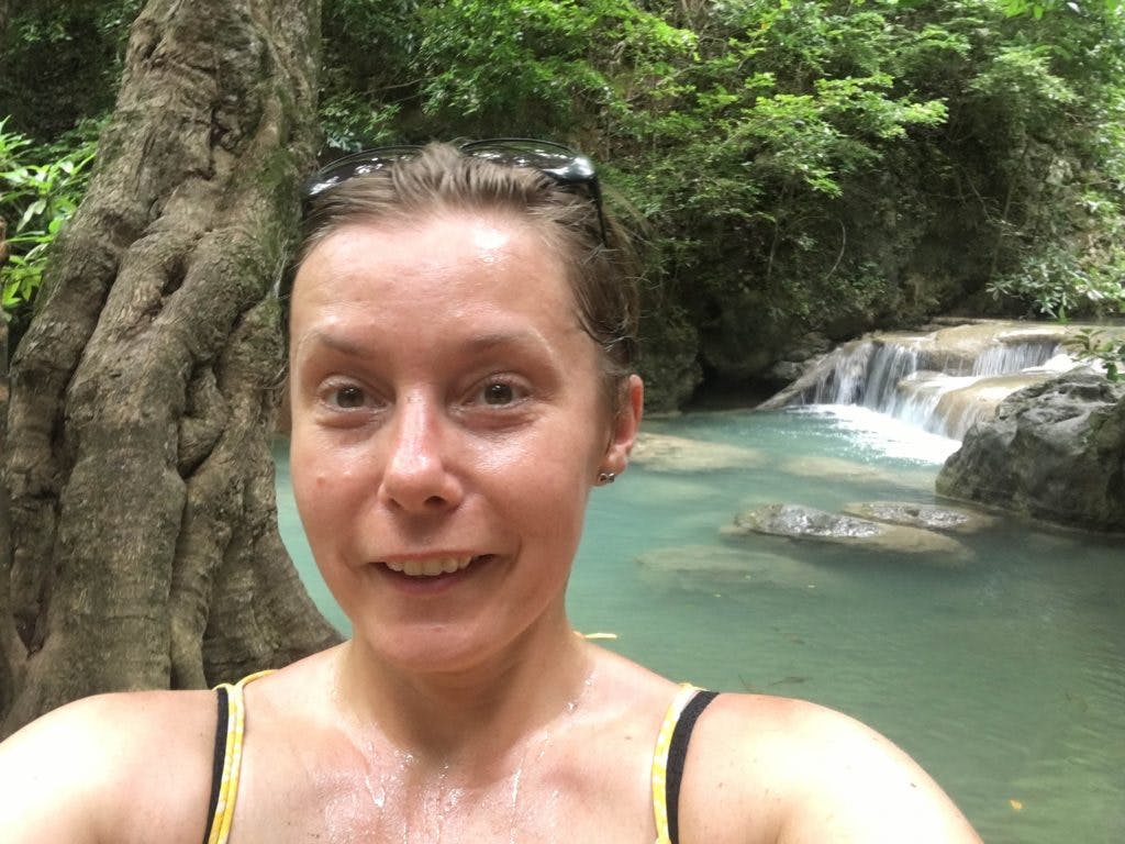 sweating at erawan waterfall 