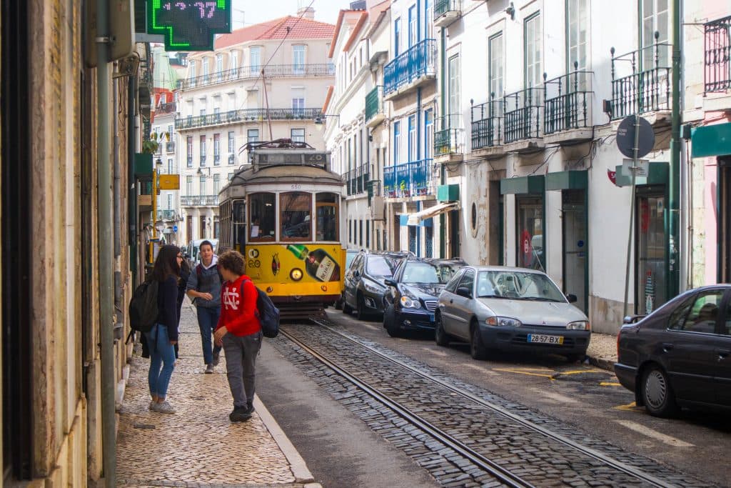 yellow tram, street, Lisbon