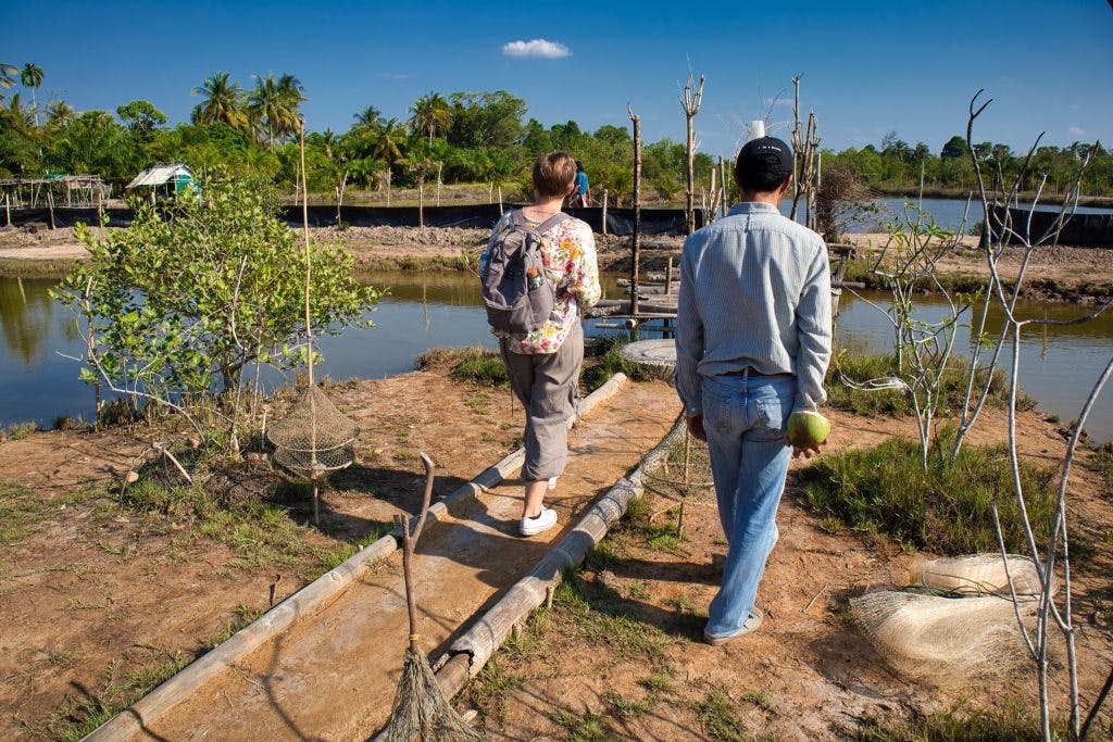 a man and a woman walking through a fish farm on koh klang, thailand. 