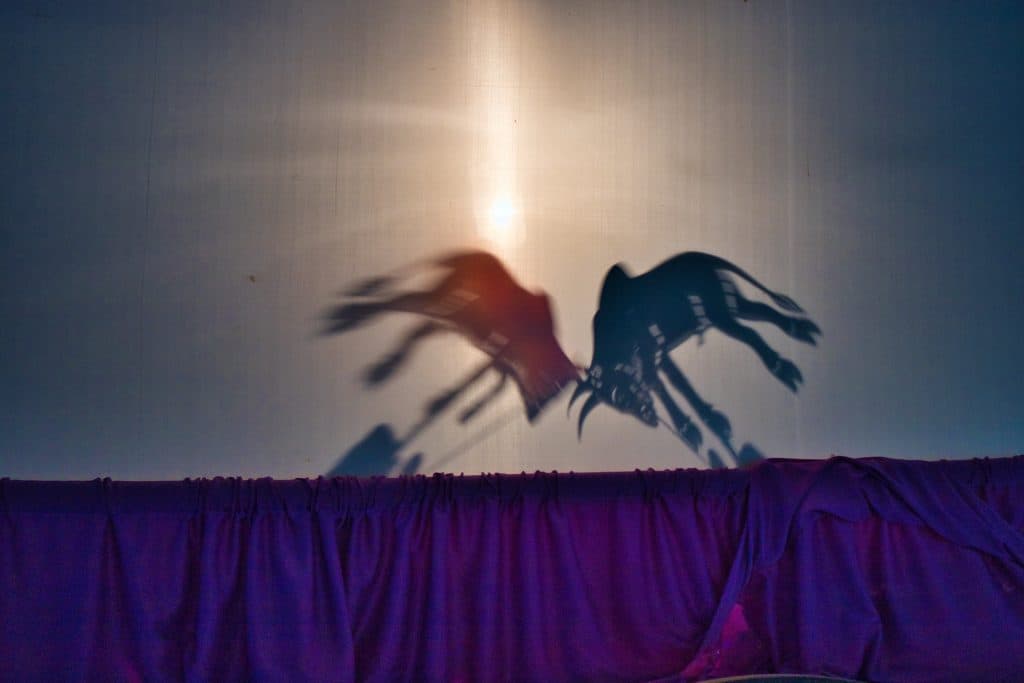 two puppets in a shape of bulls fighting in a puppet theatre in nakhon si thammarat.