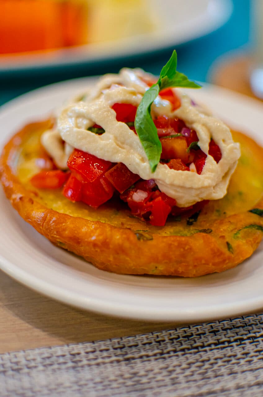 A plate of deliciously looking pancake with tomatoes and sauce at absolute sanctuary, koh samui.