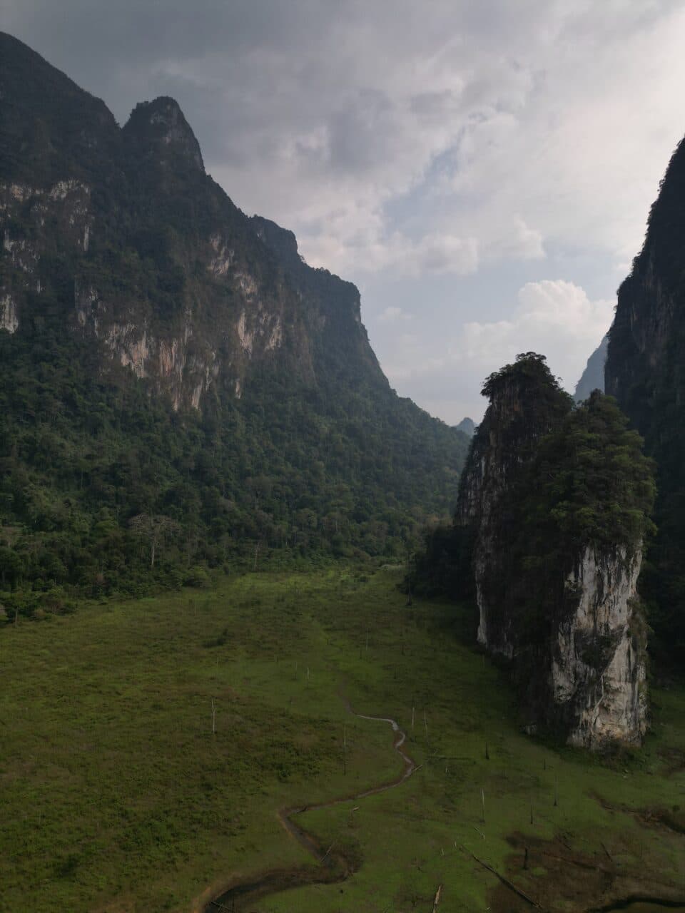 Rocks and cliffs on a rainy day in khao sok park.