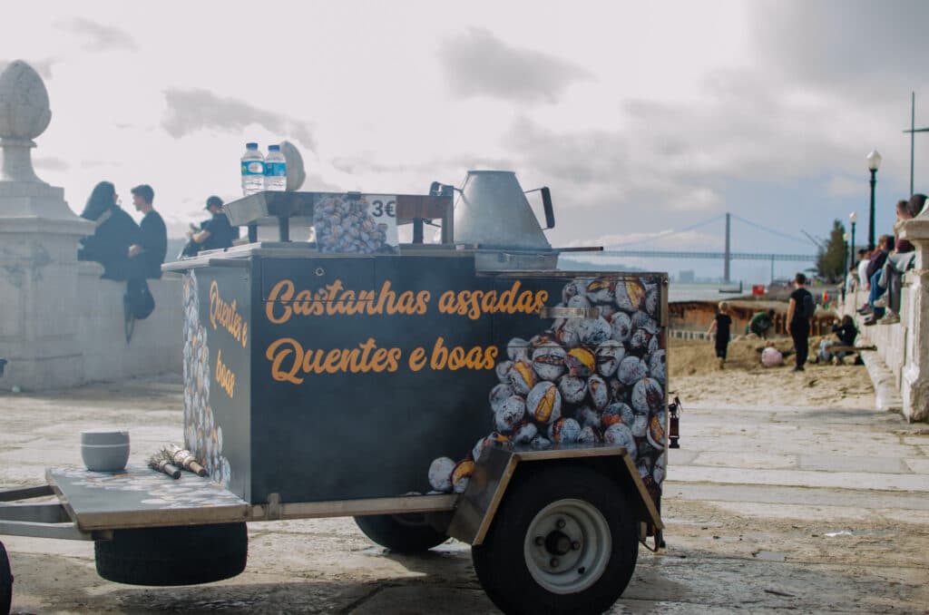 a cart with chestnuts in Lisbon, digital nomad guide, Lisbon