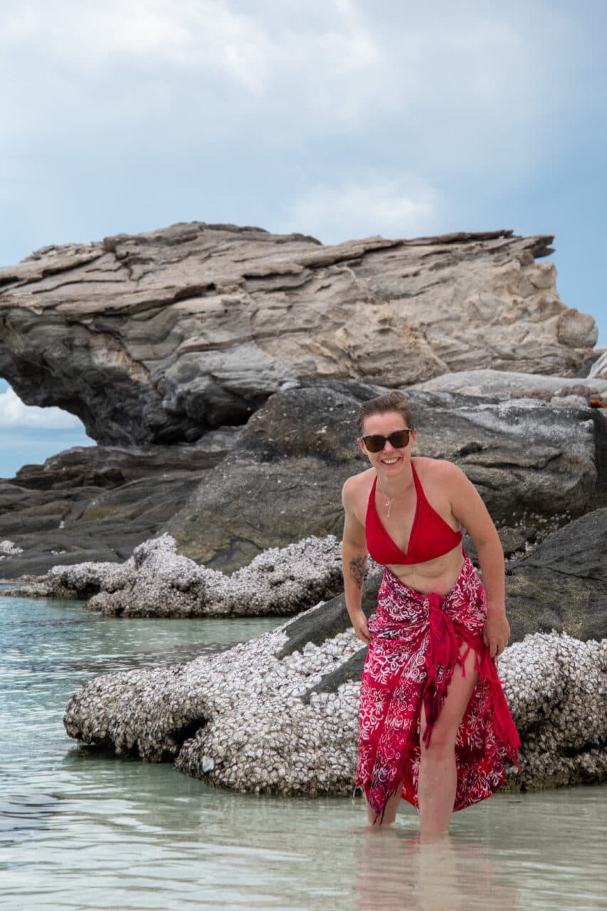 Pattaya catamaran cruise review, beach, red bikini