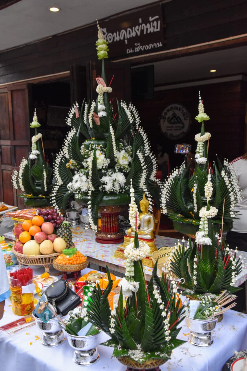 Chiang Khan, Thailand, table with offerings