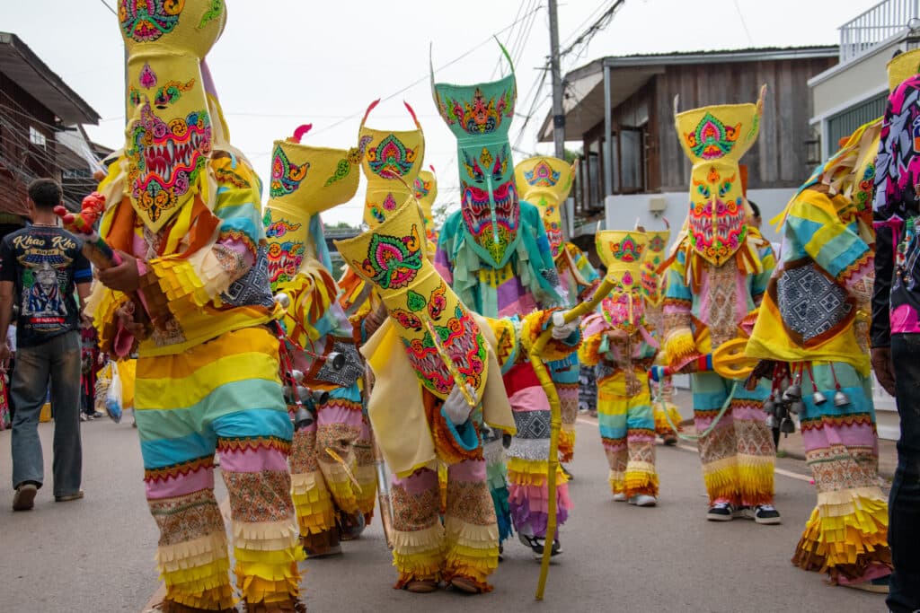 Phi Tha Khon Festival, group of ghosts, walking on the street