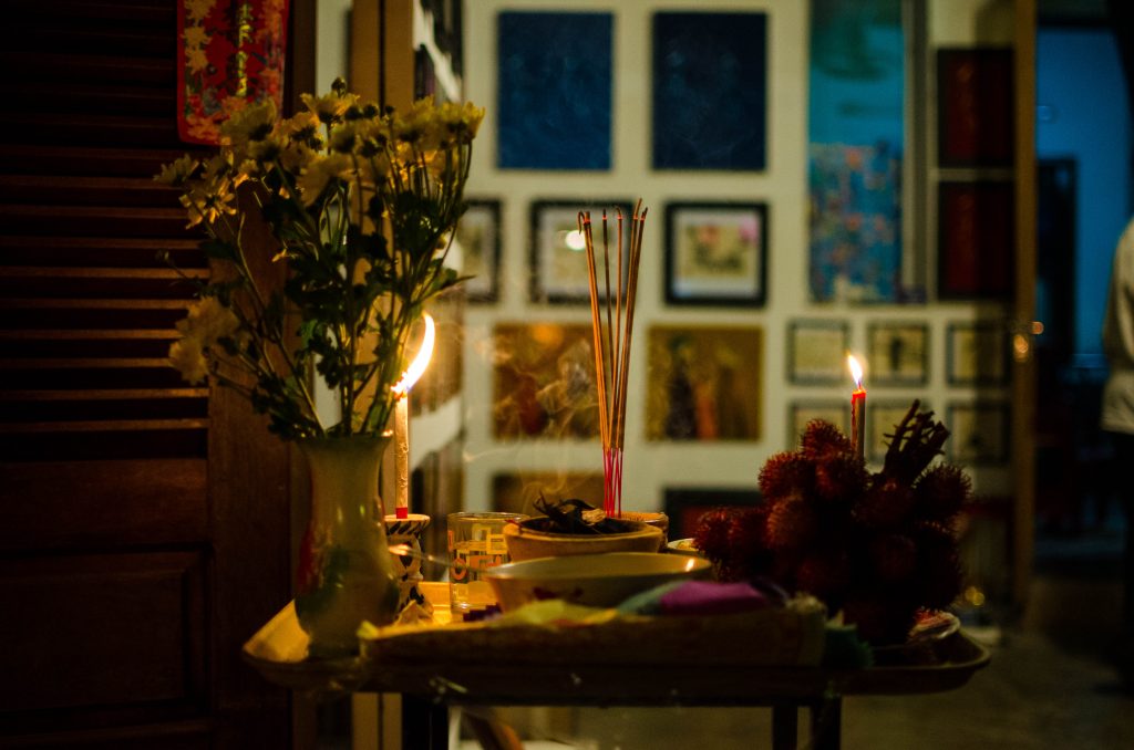 Table with offerings during the Lantern Festival in Hoi An