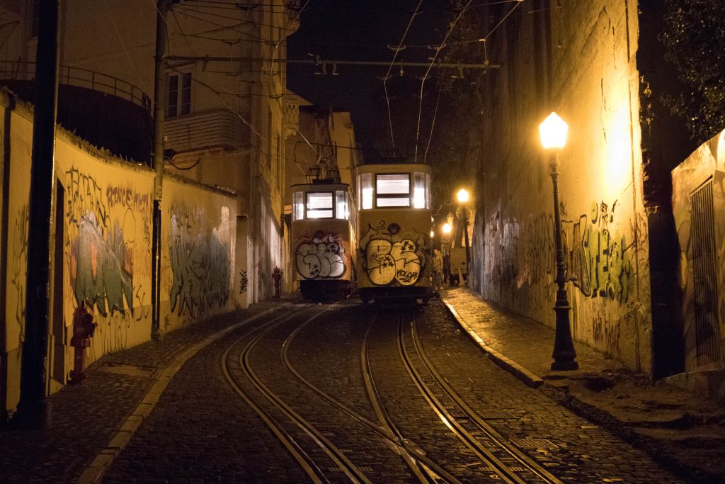 tram bic in lisbon at night