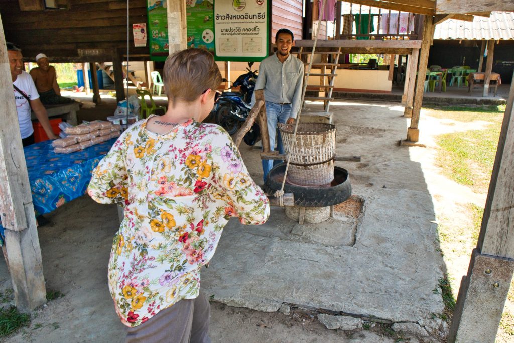 turystka próbuje starych narzędzi do produkcji ryżu 
