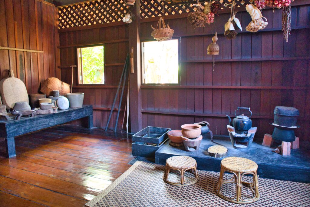 A display of pots and chairs in a noble house, nan.
