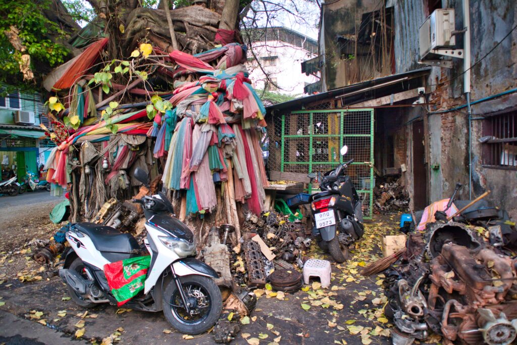 Old scooters standing around a big tree in talad noi, bangkok.