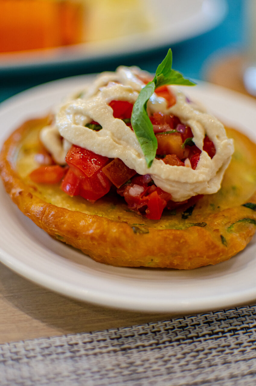 A plate of deliciously looking pancake with tomatoes and sauce at absolute sanctuary, koh samui.